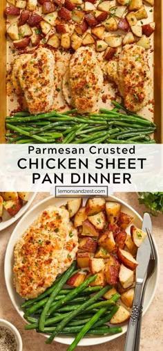 chicken sheet pan dinner with green beans and potatoes on the side, topped with parmesan crusted chicken