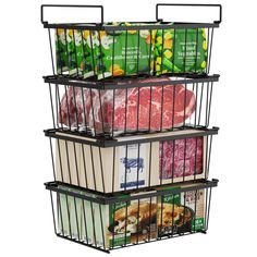 three tiered storage basket with food items in it on the top and bottom shelves