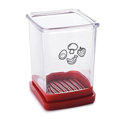 a plastic container with a red lid and an image of a strawberry on the side