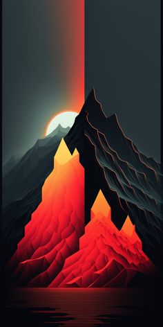 an abstract landscape with mountains and the sun rising over them in red, orange and black