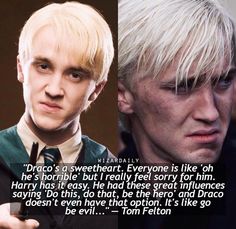 two men with blonde hair and one has a quote from harry potter