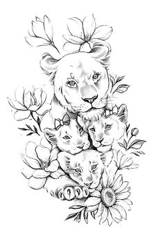 a black and white drawing of an adult lion surrounded by two baby lions with flowers