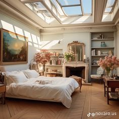 a bed sitting in a bedroom next to a fireplace under a skylight on top of a hard wood floor