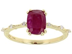 1.65ct Rectangular Cushion Ruby And 0.04ctw Round White Diamond Accent 10K Yellow Gold Ring. Measures Approximately 0.27"L X 0.33"W. Rectangular Cushion, Jtv Jewelry, Red Ruby, Yellow Gold Ring, 1 Carat, Bridal Rings, Cultured Pearls, High Quality Jewelry, Yellow Gold Rings