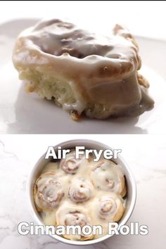 two different images of cinnamon rolls with icing