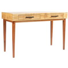 a wooden table with two drawers on one side and an open drawer on the other