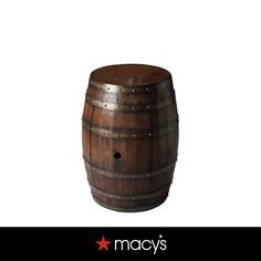 a wooden barrel sitting on top of a white background with the words macy's written below it