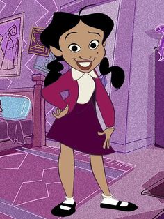 an animated girl in a room with purple walls and flooring, smiling at the camera