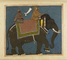 an elephant with a man riding on it's back and another man sitting on top of it