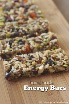 homemade energy bars on a cutting board with text overlay that reads homemade energy bars