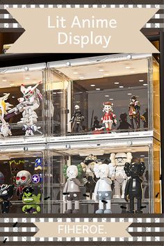 a display case filled with lots of toy figurines on top of each other