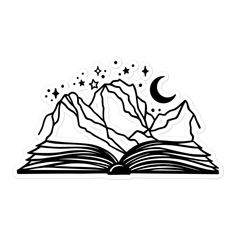 an open book with mountains and stars in the sky above it, on top of a white