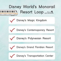 the disney world's monorail resort loop menu is shown in red and white