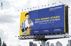 an advertisement for the rising stars education system on a billboard in front of a cityscape