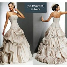 two pictures of a woman in a wedding dress, one showing her back and the other showing