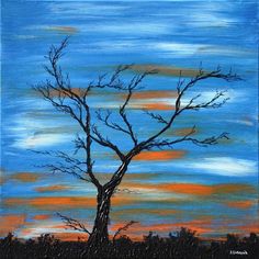 an acrylic painting of a bare tree against a blue sky with orange clouds