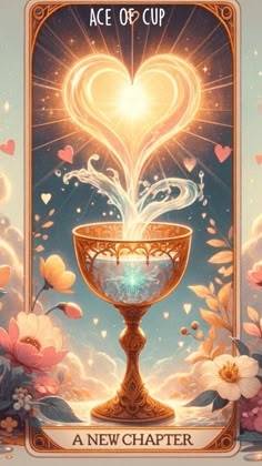 the ace of cup is shown with flowers and hearts