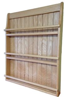 a wooden book shelf with three shelves on each side