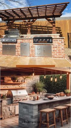 an outdoor kitchen with grills and stools on the outside, under a pergolated roof