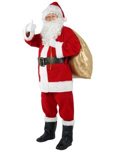 a man dressed in a santa suit and holding a bag giving the thumbs up sign