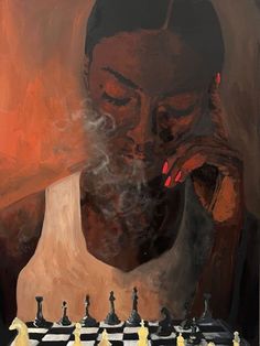 a painting of a man playing chess with his hands on his face and the other hand near his chin