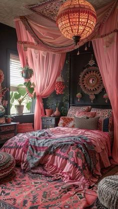 a bedroom decorated in pink and black with lots of curtains on the windowsills