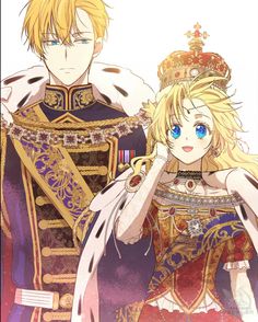 two anime characters dressed in costumes and holding hands behind their backs, one is wearing a tiara