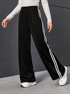 Teen Girl Contrast Side Stripe Trousers Black Casual   Fabric Striped Straight Leg High Stretch  Teen Girls Clothing, size features are:Bust: ,Length: ,Sleeve Length: Sixth Form Outfits, Side Stripe Trousers, Trousers For Girls, Winter Trousers, Casual Trends, Outfit Mujer, Korean Fashion Dress, Korean Casual