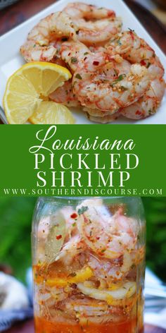 two pictures with shrimp and lemons in them on a plate next to a glass jar