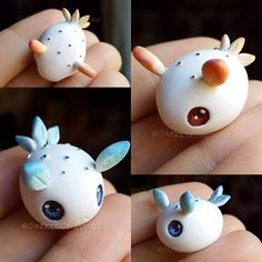 four different pictures of a white toy with blue eyes and horns on it's head