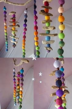 three pictures of different colored beads hanging from a tree branch with stars in the background