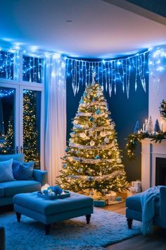 a living room filled with furniture and a christmas tree