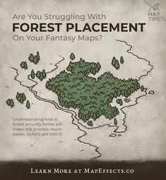 Learn how forests form so you can place them realistically on your fantasy maps. Forest Map Illustration, Map Concept Art, Rice Map, Forest Map, Illustrated Maps