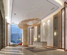 an elegant lobby with chandelier and marble flooring