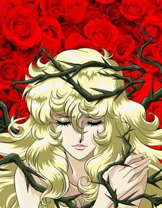 a woman with long blonde hair surrounded by red roses and thorning vines, holding her hands to her chest