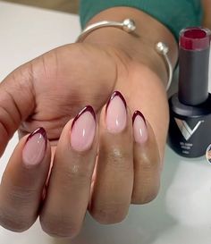 Almond shape nails dark cherry french tip Maroon Tip Nails French Manicures, Dark Maroon French Tip Nails, Dark Red Tip Nails Almond, Ted French Tip Almond Nails, Wine French Tip Nails Almond, Biab Nails Almond Shape, Cherry Cola French Tip Nails, Burgundy French Nails Tips, Short French Fall Nails