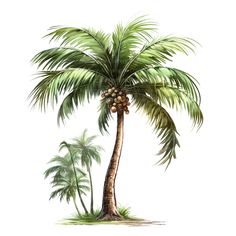 a palm tree with green leaves and brown fruit on the top is shown in this drawing