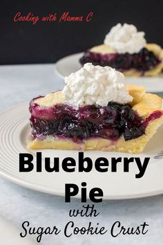 blueberry pie with sugar cookie crust on a white plate