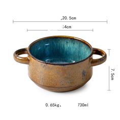 an image of a small bowl with measurements for the size and width on a white background