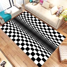 a black and white checkered rug in the middle of a living room with couches