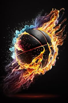 a basketball with fire and water on it