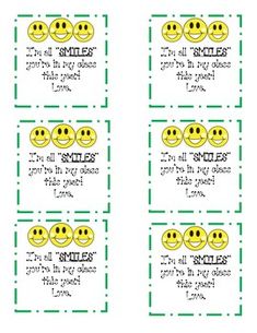 four yellow smiley faces on green and white squares with words that read smiles, all in three different ways