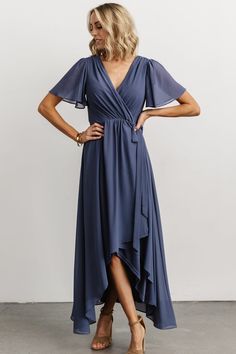 Blue Grey Long Dress, Dusty Blue Wedding Guest Outfit, Flutter Sleeve Wrap Dress, Slate Blue Mother Of The Groom Dresses, Dusty Blue Dress Casual, Dusty Blue Dress Outfit, Wedding Party Outfits Guest Casual, Dusty Blue Mother Of The Bride Dress, Casual Mother Of The Bride Outfits