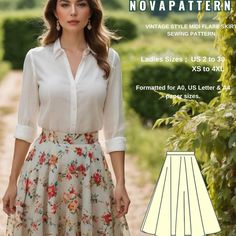 Vintage Style Midi Skirt, available as an instant download (pdf) sewing pattern bundle with a range of size options, including plus sizes ⭐US Sizes: 2, 4, 6, 8, 10, 12, 14, 16, 18, 20, 22, 24, 26, 28, 30 ⭐Standard Sizes: XS, S, M, L, XL, 2XL, 3XL, 4XL ⭐These patterns are suitable for A4, A0, and US Letter size papers. ⭐Once your payment is processed, you will automatically receive download links for the pattern files. Please note that you can only download the files from a computer; they will no Cottage Core Skirt Sewing Pattern, Flare Skirt Pattern, Flared Skirt Pattern, Cottagecore Vintage, Midi Flare Skirt, Skirt Patterns Sewing, Sewing Skirts, Skirt Pattern, Pdf Sewing Patterns