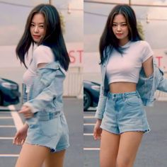 two pictures of a woman in denim shorts and crop tops walking across a parking lot