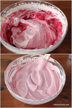 two pictures showing how to make red velvet cake batter