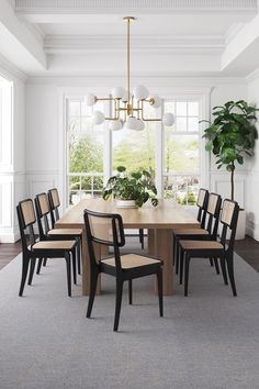 a dining room table with six chairs and a potted plant