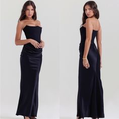 Whether You're Attending A Gala Or Black Tie Event, This Stunning Dress Is Fitting For Any Glamorous Occasion. Cut From Stretch Crepe And Ultra Luxe Silky Satin, It Has A Stunning Strapless Neckline And A Perfectly Boned Bodice To Cinch The Waist. The 'Regular Cup' Option Suits Cup Size A-C Whilst The 'Bigger Cup' Option Suits Cup Size D-E. Where To Wear: Romantic Date Nights, Champagne Bars, Proms, Weddings, Glam Functions And Events. Made From Heavy Silky Satin And Stretch Crepe. Fully Lined. Fall Cocktail Dress, Black Wedding Guest Dresses, Black Strapless Maxi Dress, Corset Maxi Dress, Black Corset Dress, Paloma Dress, Black Tie Attire, Strapless Prom Dress, House Of Cb Dresses