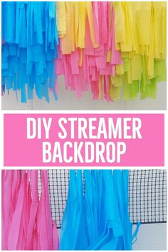 colorful streamer backdrop with text overlay that says diy streamer backdrop in pink and blue