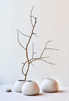 two white vases sitting on top of a table next to a twig branch